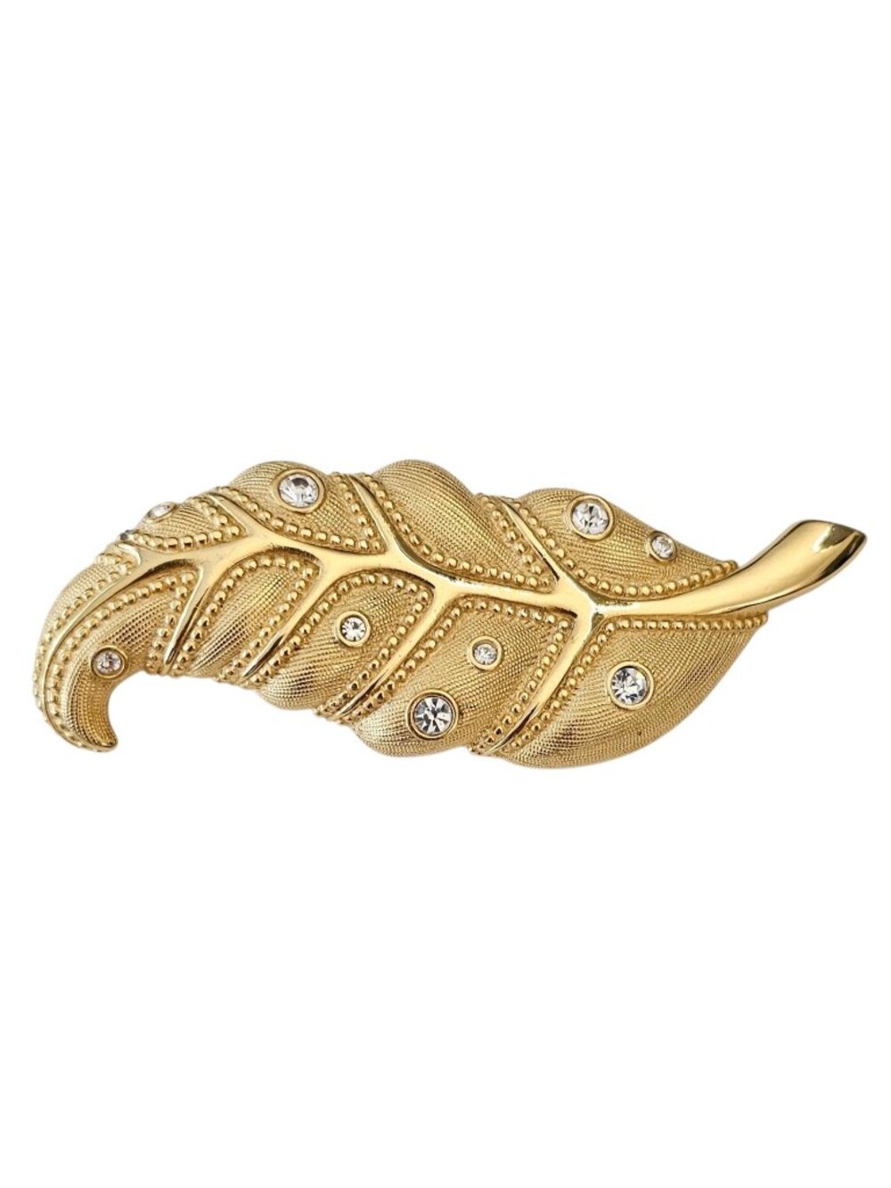 Swarovski Gold Tone Clear Crystal Textured Leaf Brooch, Swan Logo Marked, J70